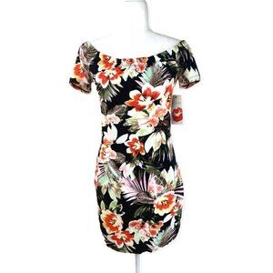 HOT KISS Junior's Mini Bodycon Shoulderless Short Sleeve Dress Black/Multicolor